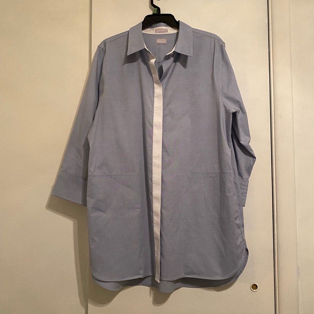 Chico's No-Iron Chic Oxford 3/4 Sleeve Button Down Lt. Blue Stretch Shirt